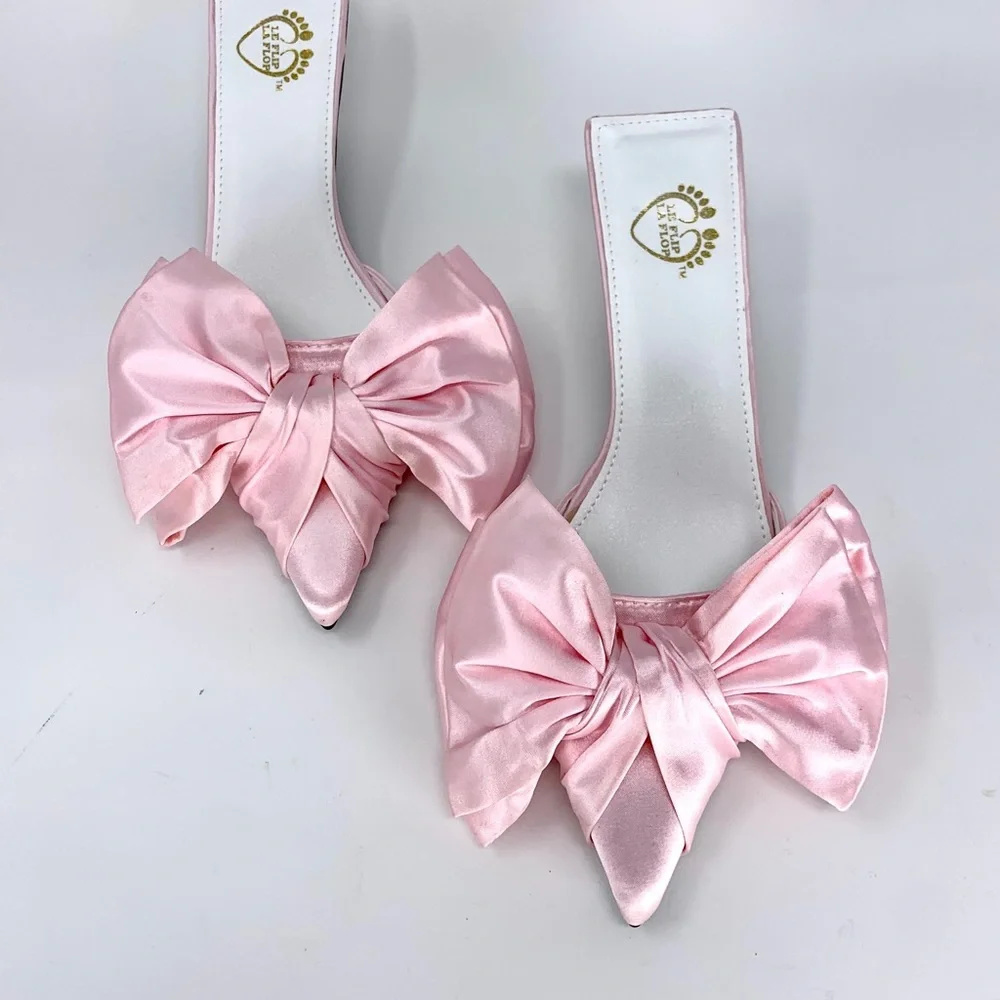 Pink Bow Pointed Toe Slip-On Heels - Picture 4 of 7